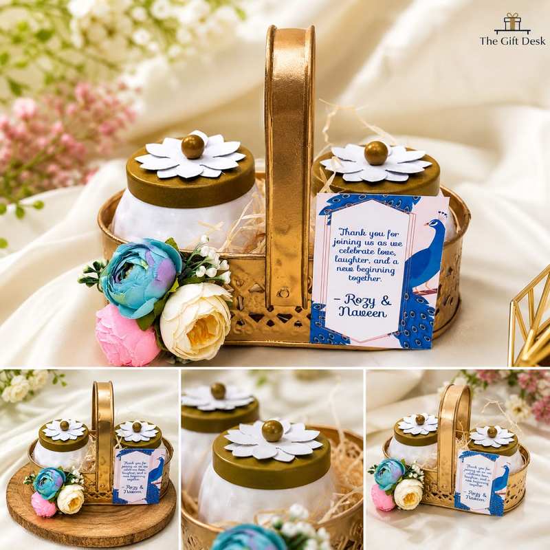 Custom wedding return gift basket Rozy Naveen peacock card