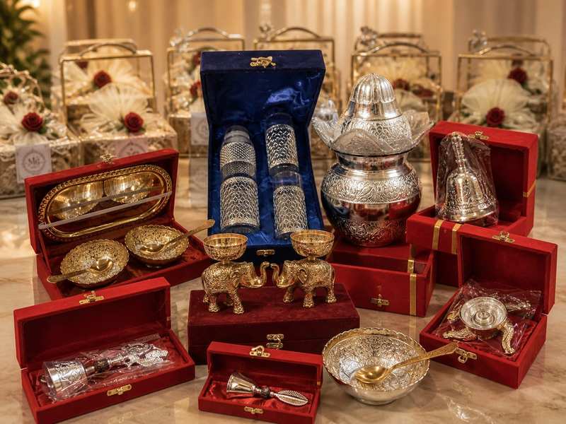 German silver gift sets red velvet boxes wedding return gifts